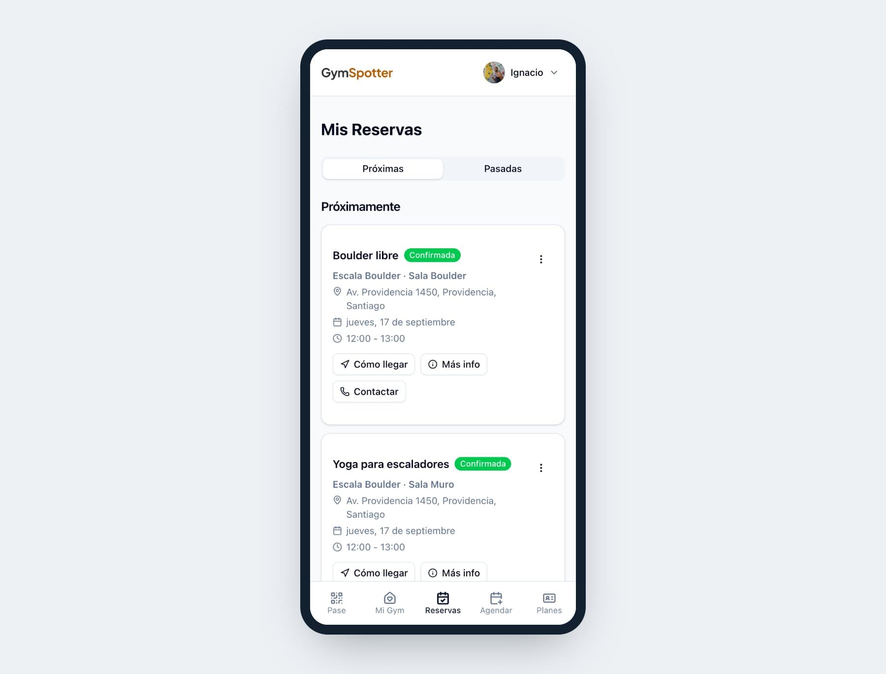 App del cliente mostrando horarios y cupos disponibles