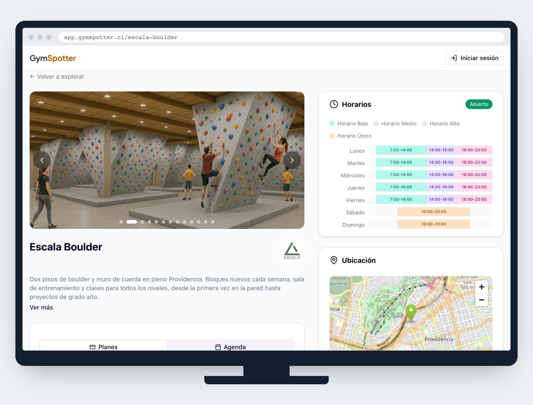 Página web del gimnasio con planes y horarios